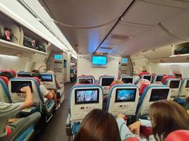 Istanbul, Turkey on July 2022. Situation from the cabin of a Turkish Airlines economy class plane where the seat consists of three parts, right, left and center. photo