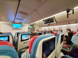 Istanbul, Turkey on July 2022. Situation from the cabin of a Turkish Airlines economy class plane where the seat consists of three parts, right, left and center. photo