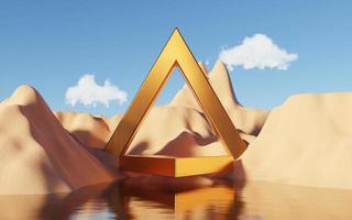 Abstract Dune cliff sand with metallic Podium stand platform. Surreal Desert natural landscape background. Scene of Desert with glossy metallic arches geometric design. 3D Render. photo