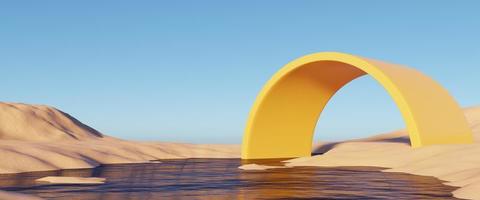 Abstract Dune cliff sand with metallic Arches and clean blue sky. Surreal minimal Desert natural landscape background. Scene of Desert with glossy metallic arches geometric design. 3D Render. photo