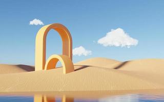 Abstract Dune cliff sand with metallic Arches and clean blue sky. Surreal minimal Desert natural landscape background. Scene of Desert with glossy metallic arches geometric design. 3D Render. photo