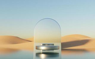 Abstract Dune cliff sand with metallic Podium stand platform. Surreal Desert natural landscape background. Scene of Desert with glossy metallic arches geometric design. 3D Render. photo
