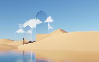 Abstract Dune cliff sand with metallic Arches and clean blue sky. Surreal minimal Desert natural landscape background. Scene of Desert with glossy metallic arches geometric design. 3D Render. photo