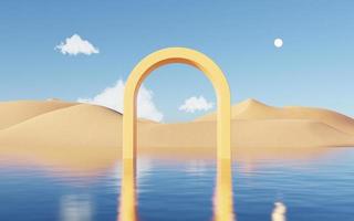 Abstract Dune cliff sand with metallic Arches and clean blue sky. Surreal minimal Desert natural landscape background. Scene of Desert with glossy metallic arches geometric design. 3D Render. photo