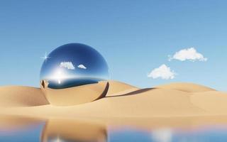 Abstract Dune cliff sand with metallic Arches and clean blue sky. Surreal minimal Desert natural landscape background. Scene of Desert with glossy metallic arches geometric design. 3D Render. photo