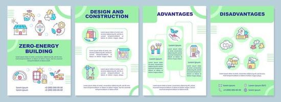 plantilla de folleto verde de construcción de energía cero. Diseño y construcción. diseño de folletos con iconos lineales. 4 diseños vectoriales para presentación, informes anuales. vector