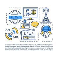 News media, broadcasting industry article page vector template. Brochure, magazine, booklet design element with linear icons and text boxes. Print design. Concept illustrations with text space