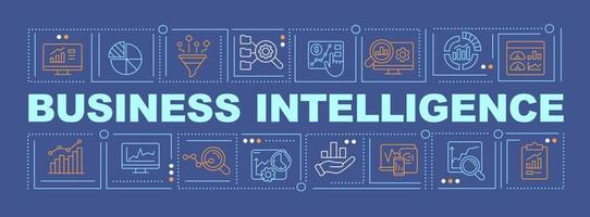 Business intelligence implementation word concepts dark blue banner. Infographics with icons on color background. Isolated typography. Vector illustration with text.