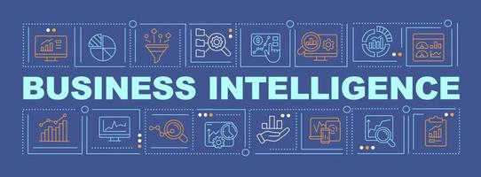 Business intelligence implementation word concepts dark blue banner. Infographics with icons on color background. Isolated typography. Vector illustration with text.