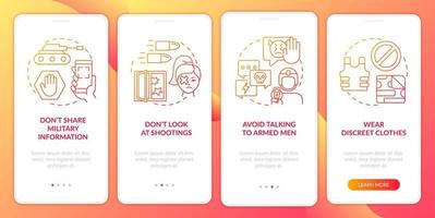 Actions during war red gradient onboarding mobile app screen. Survive walkthrough 4 steps graphic instructions pages with linear concepts. UI, UX, GUI template. vector