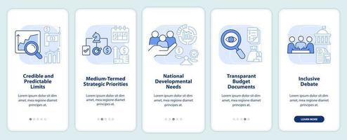 Principles of budget planning light blue onboarding mobile app screen. Walkthrough 5 steps graphic instructions pages with linear concepts. UI, UX, GUI template. vector