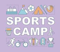 Sports camp word concepts banner. Active leisure pastime. Outdoor activities and sports. Presentation, website. Isolated lettering typography idea with linear icons. Vector outline illustration