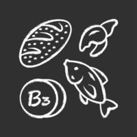 Vitamin B3 chalk icon. Bread, fish and seafood. Healthy eating. Nicotinic acid. Vitamin PP, niacin natural food source. Proper nutrition. Minerals, antioxidant. Isolated vector chalkboard illustration