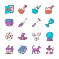 Magic color icons set. Witchcraft, sorcery Halloween items. Occult, gypsy mystic rituals tools. Fortune telling, divination. Superstitions future predictions. Isolated vector illustrations