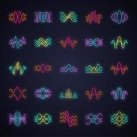 Sound and audio waves neon light icons set. Glowing signs. Music digital curve soundwaves. Voice recording, radio signals. Vibration, noise amplitudes level. Wavy lines. Vector isolated illustrations