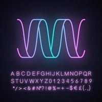 Sound wave neon light icon. Wavy ribbon line. Music, melody rhythm digital soundwave. Soundtrack playing abstract waveform. Glowing sign with alphabet, numbers and symbol. Vector isolated illustration