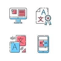 Machine translation color icons set. Audio and video instant online translator. Text editing. Quality control. Certified translation, DTP services. Isolated vector illustrations