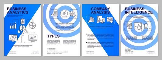 Business analytics and intelligence blue brochure template. Analysis types. Leaflet design with linear icons. 4 vector layouts for presentation, annual reports.