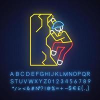 Ice climbing neon light icon. Winter extreme sport, risky activity and adventure. Mountaineering. Rock climber. Glowing sign with alphabet, numbers and symbols. Vector isolated illustration