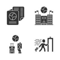 Immigration glyph icons set. Embassy and consulate building. Travel documents, security check. Trip equipment. Refugee, immigrant. Travelling abroad. Silhouette symbols. Vector isolated illustration