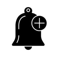 Add alert glyph icon. Bell with plus sign. Notification. Reminder alarm. Silhouette symbol. Negative space. Vector isolated illustration