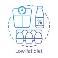 Low fat diet, vegetarian nutrition concept icon. Vegan lifestyle idea thin line illustration. Healthy food, natural products. Skimmed milk, raw eggs and weight scales vector isolated outline drawing