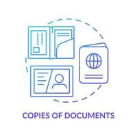 Copies of documents blue gradient concept icon. Things to pack for surviving. Survival bag abstract idea thin line illustration. Isolated outline drawing. vector