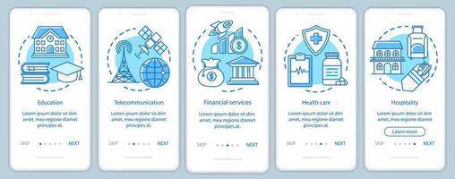 Industrias que incorporan la pantalla de la página de la aplicación móvil con conceptos lineales. gobierno y servicios públicos. instrucciones gráficas de cinco pasos de recorrido. ux, ui, plantilla vectorial gui con ilustraciones vector