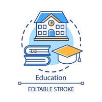 Education concept icon. Knowledge transfer. Teaching, learning skills. School building, books, graduation cap idea thin line illustration. Vector isolated outline drawing. Editable stroke