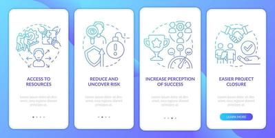 Stakeholder management benefits blue gradient onboarding mobile app screen. Walkthrough 4 steps graphic instructions with linear concepts. UI, UX, GUI template. vector