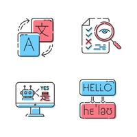 Machine translation services color icons set. Instant online translation. Multilingual chatbot. Artificial intelligence. Transcription and proofreading. Isolated vector illustrations