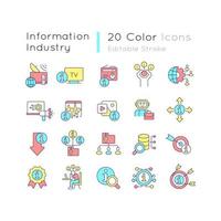 Information industry RGB color icons set. Data management. Knowledge overload. Isolated vector illustrations. Simple filled line drawings collection. Editable stroke. Quicksand-Light font used