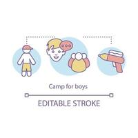 Camp for boys concept icon. Summer fun activities club idea thin line illustration. Child holiday resort. Educational after school facility. Vector isolated outline drawing. Editable stroke