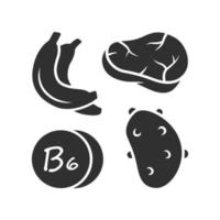 Vitamin B6 glyph icon. Meat, banana and potato. Healthy eating. Pyridoxine natural food source. Proper nutrition. Mineral, antioxidants. Silhouette symbol. Negative space. Vector isolated illustration