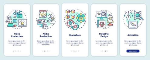 In demand skills for freelancing onboarding mobile app screen. Production walkthrough 5 steps graphic instructions pages with linear concepts. UI, UX, GUI template. vector