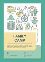 Family, outdoor camping adventure brochure template layout. Flyer, booklet, leaflet print design with linear illustrations. Vector page layouts for magazines, annual reports, advertising posters