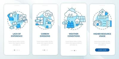 Zero emission building drawbacks blue onboarding mobile app screen. Walkthrough 4 steps graphic instructions pages with linear concepts. UI, UX, GUI template. vector