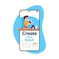 Create your robot social media posts smartphone app screen. Mobile phone displays with cartoon characters design mockup. Assembly instructions for constructor application telephone interface vector