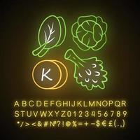 Vitamin K neon light icon. Edible greens and cabbage. Healthy food. Minerals, antioxidants natural source. Proper nutrition. Glowing sign with alphabet, numbers, symbols. Vector isolated illustration