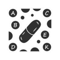 Vitamin pills glyph icon. A, B, C, D, E, K multi vitamins complex. Multivitamin medication. Vital minerals and antioxidants. Silhouette symbol. Negative space. Vector isolated illustration
