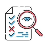 Professional proofreading service color icon. Text editing, mistake correction. Document quality control. Magnifier with checked list points. Isolated vector illustration