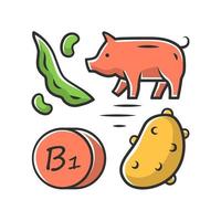 icono de color rojo de vitamina b1. patata, cerdo y judía verde. alimentación saludable. tiamina fuente de alimento natural. nutrición apropiada. verduras, productos cárnicos. mineral, antioxidante. ilustración vectorial aislada vector