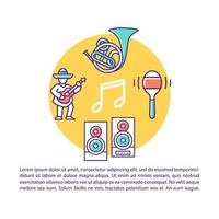 Music performance article page vector template. Festival, concert. Brochure, magazine, booklet design element with linear icons and text boxes. Print design. Concept illustrations with text space