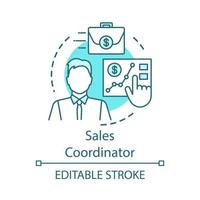 Sales coordinator concept icon. Customer support representative, specialist idea thin line illustration. Salesman, marketer. Progress monitoring. Vector isolated outline drawing. Editable stroke