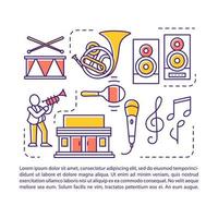 plantilla vectorial de página de artículo de la industria musical. fiesta, concierto. folleto, revista, elemento de diseño de folleto con iconos lineales y cuadros de texto. diseño de impresión. ilustraciones conceptuales con espacio de texto vector