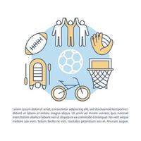 Sports, game and activity camp article page vector template. Brochure, magazine, booklet design element with linear icons and text boxes. Print design. Concept illustrations with text space ..