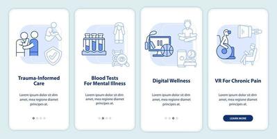 Tendencias de salud mental pantalla de aplicación móvil de incorporación azul claro. tutorial de psicología 4 pasos páginas de instrucciones gráficas con conceptos lineales. interfaz de usuario, ux, plantilla de interfaz gráfica de usuario. vector