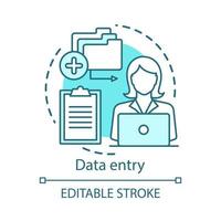 Data entry concept icon. Typist, transcriber, clerk idea thin line illustration. Part-time employment, freelance. Secretary, personal assistant. Vector isolated outline drawing. Editable stroke