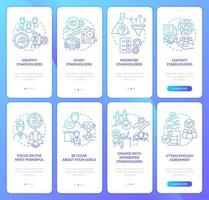 Stakeholder blue gradient onboarding mobile app screen set. Walkthrough 4 steps graphic instructions pages with linear concepts. UI, UX, GUI template. vector