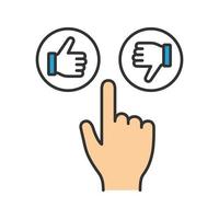 Like and dislike buttons click color icon. Thumbs up and down. Hand pushing button. Isolated vector illustration